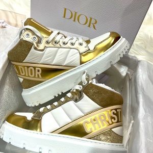 Christian Dior D-player nylon laminate lace up sneakers gold white 36.5